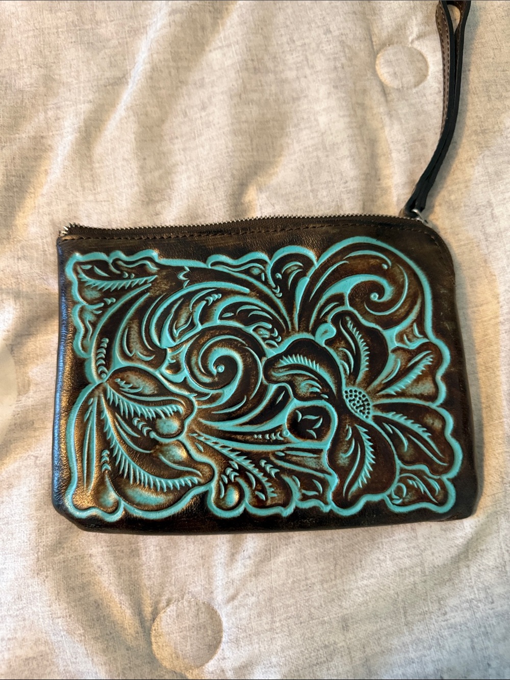 Patricia Nash Brown Leather Wristlet with Turquoise Floral Tooled Accent